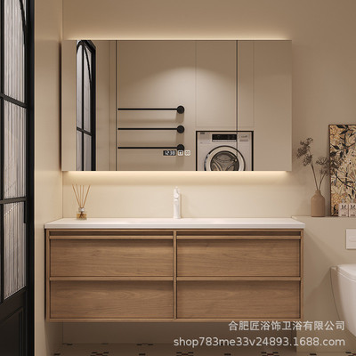 中古风可丽耐一体盆实木岩板热弯浴室柜组合卫生间洗手洗漱台盆柜