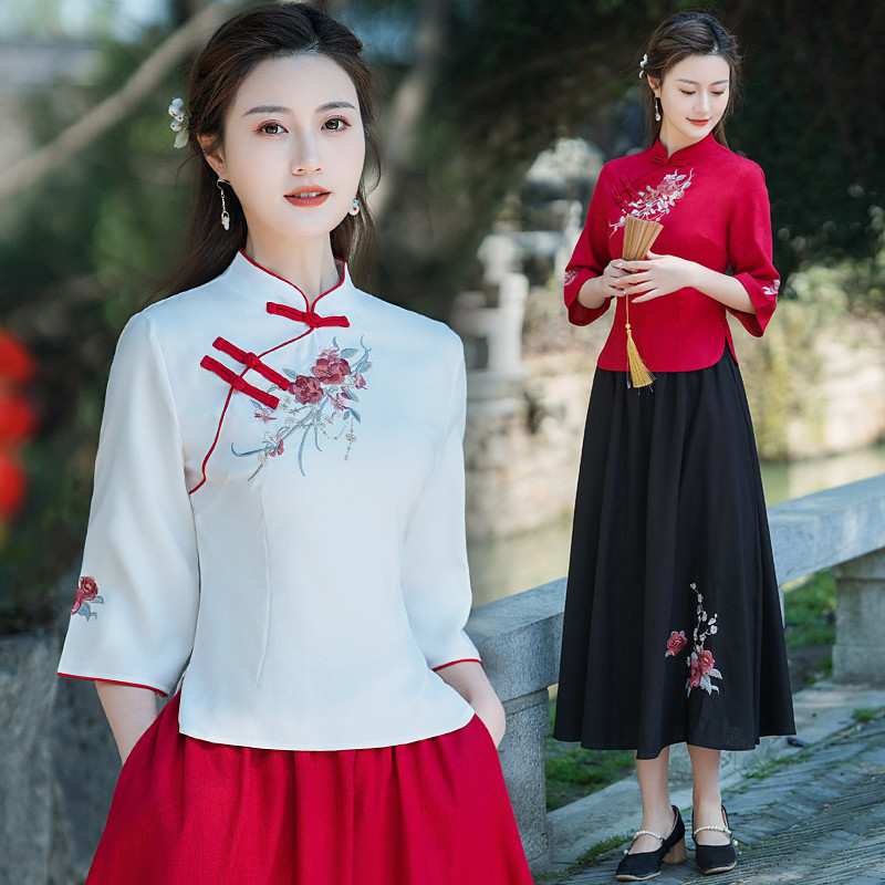 中式改良斜襟绣花女士民族风茶艺服