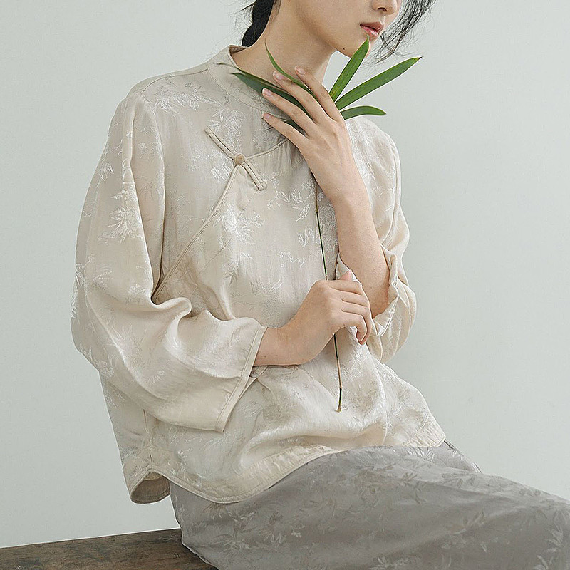 新中式人丝提花衬衫中国风珠扣斜襟茶服春装女夏