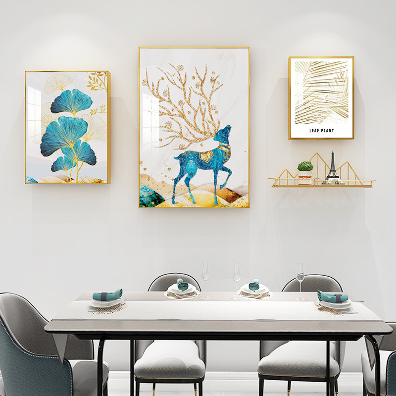 新中式餐厅3框金属瓷福鹿铝合金装饰画铁艺置物架组合晶画框装饰图片