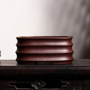 正方形紫砂花盆盆景盆精品老紫泥竹节盆九溪陶坊韩永刚制四方盆