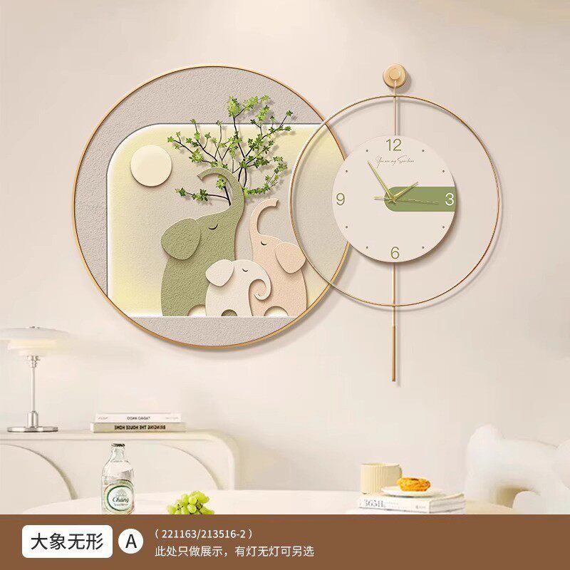 大象餐厅带钟表装饰画现代简约绿植挂画餐桌背景墙客厅时钟壁画