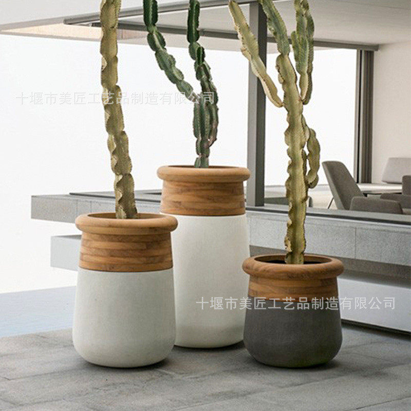 商场玻璃钢花盆池花钵椭圆木色花器广场绿植种植木纹园林工程树池