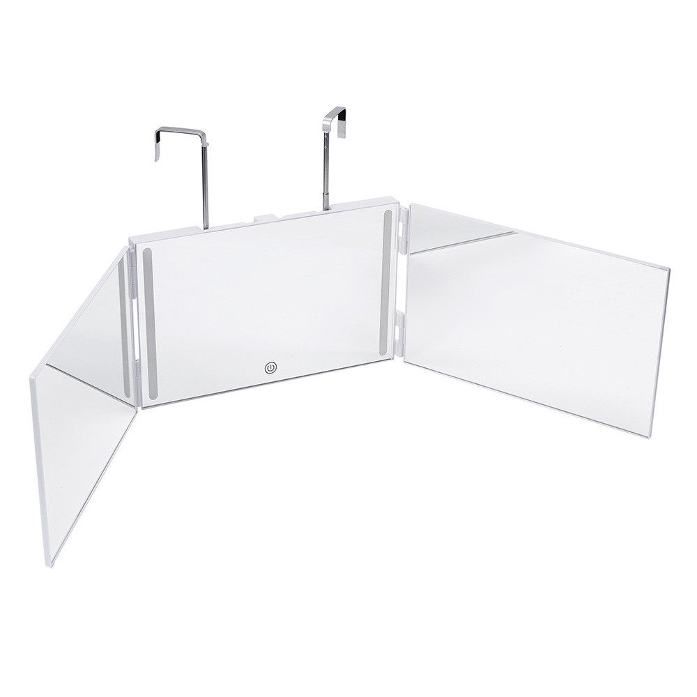 壁挂自理发可伸缩调节化妆镜悬挂式三折镜大号便携折叠led三面镜