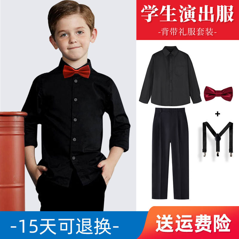 男童黑色套装小孩花童摄影儿童白衬衫背带裤春秋英伦风