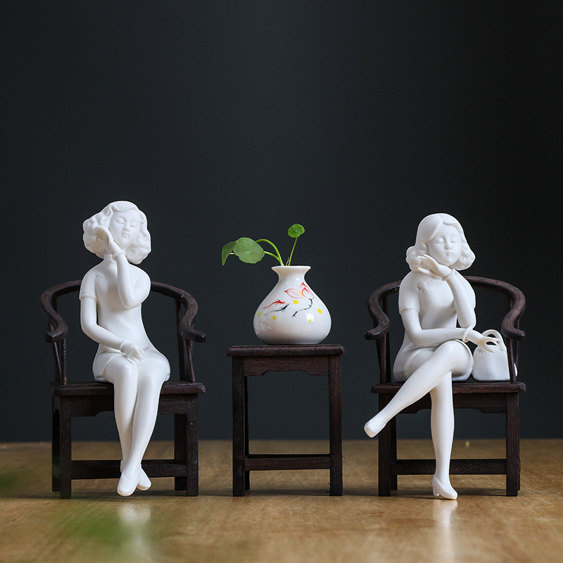 创意新中式陶瓷人物侍女工艺品玄关电视柜摆件禅意软装家居饰品
