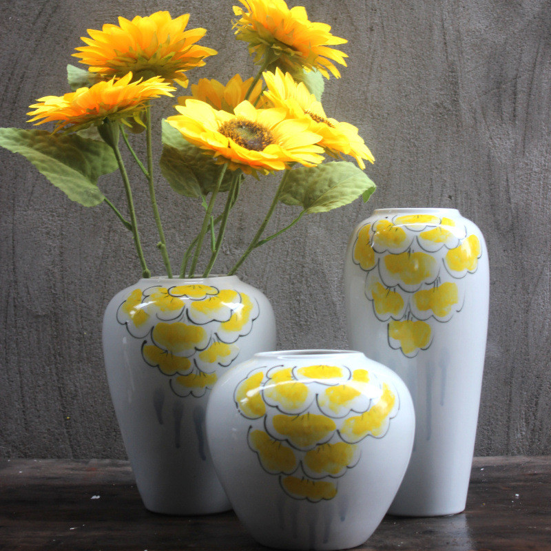 景德镇手绘陶瓷花瓶三件套现代样新中式客厅桌面小赏瓶装饰品摆件