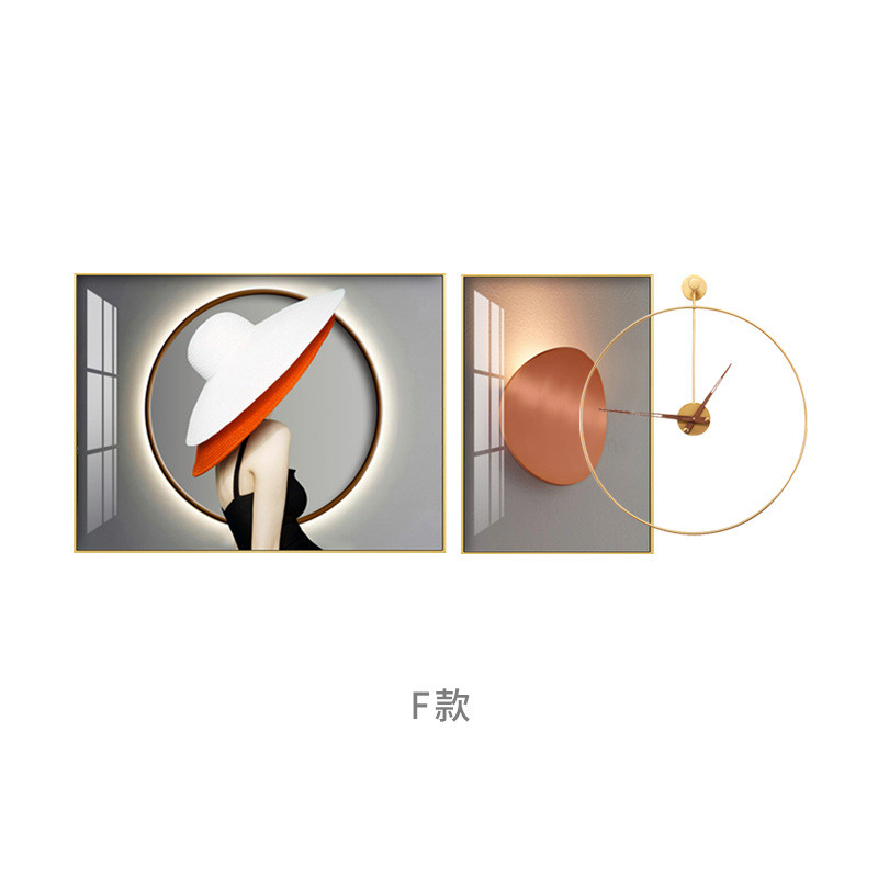现代人物客厅背景墙两联挂钟样板房酒店创意晶瓷画挂画组合装饰画图片
