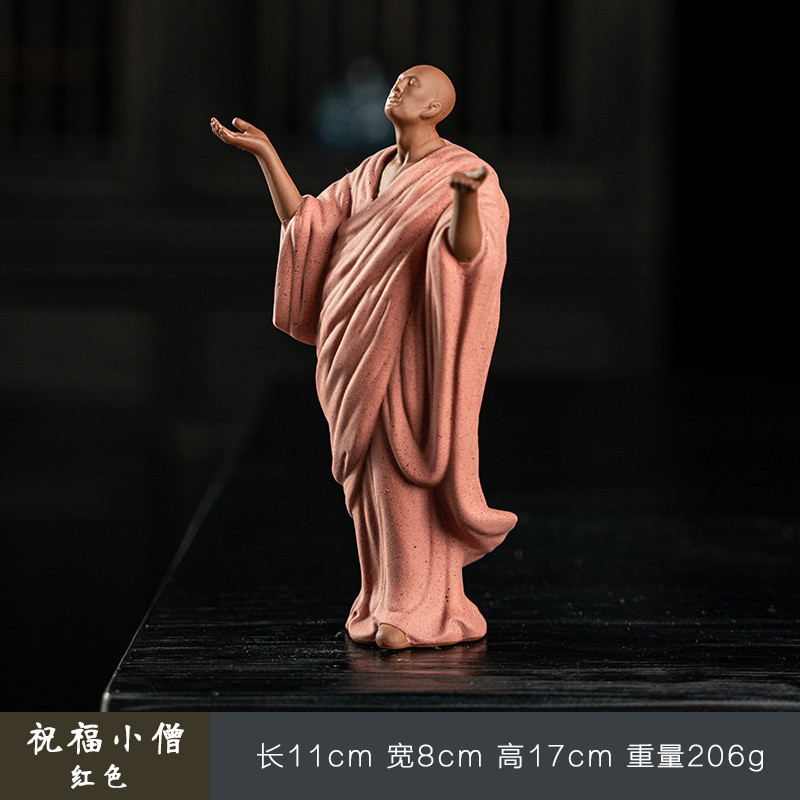禅意中式紫砂装饰粉色小和尚人物摆件客厅创意茶室桌面陶瓷纯摆设