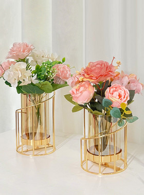 北欧创意轻奢金属玻璃花瓶餐桌铁艺花瓶装饰家居客厅干花插花摆件