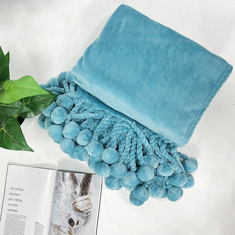 定制粗辫子球球毯子沙发盖毯纯色毛毯加厚流苏装饰法兰绒空调毯