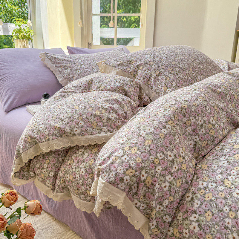 a类公主风双层纱四件套小碎花纯棉水洗棉床单全棉花边被套三件套,床上用品,床品套件/四件套/多件套,淘宝优惠券,粉丝福利购,淘宝优惠卷
