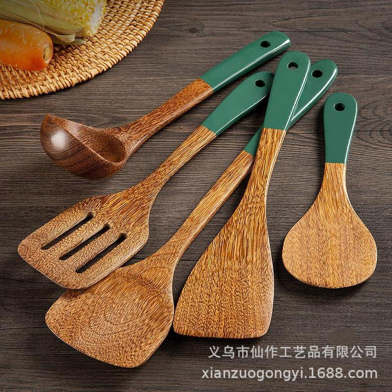 @小木仙绿色手柄鸡翅木锅铲汤勺木铲木勺高档红木厨具套装刻logo