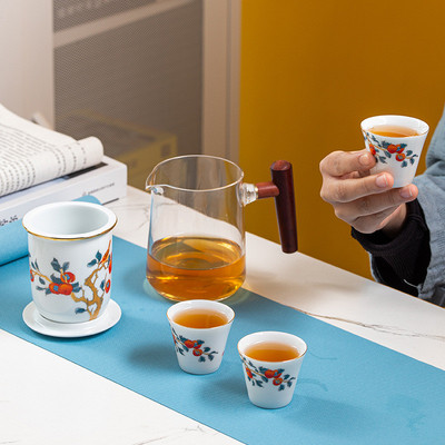 好事发生柿事如意快客杯泡茶器陶瓷三杯便携茶杯办公杯茶水分离杯