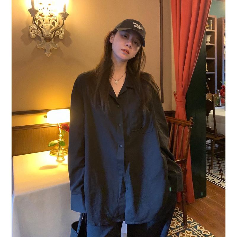 黑色长袖衬衫女高级感别致春秋新款宽松慵懒风设计感休闲衬衣