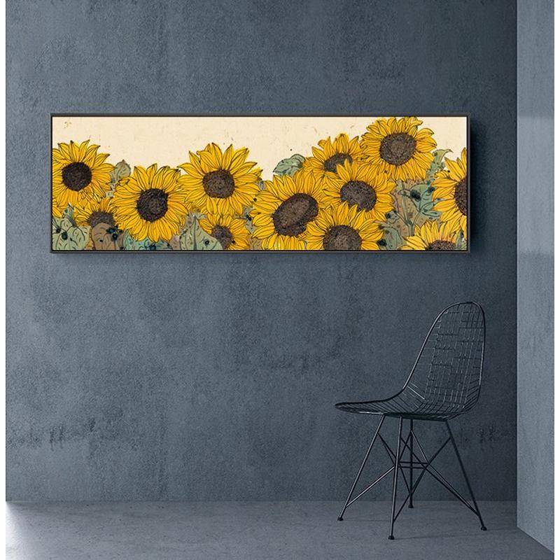 向日葵壁画卧室床头装饰画中国风客厅沙发墙挂画原木风现代简约