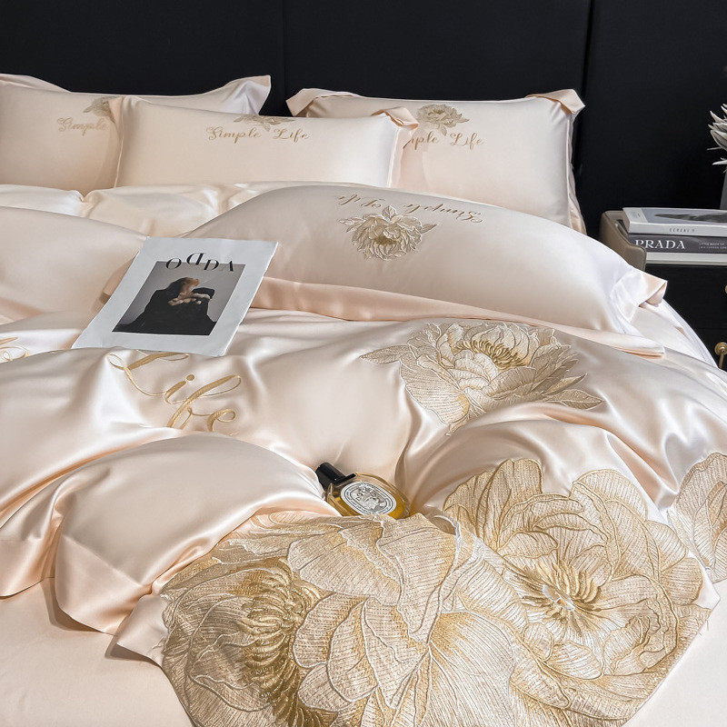 i9at夏季160支兰精天丝四件套冰丝凉感刺绣裸睡丝滑床单被罩床上