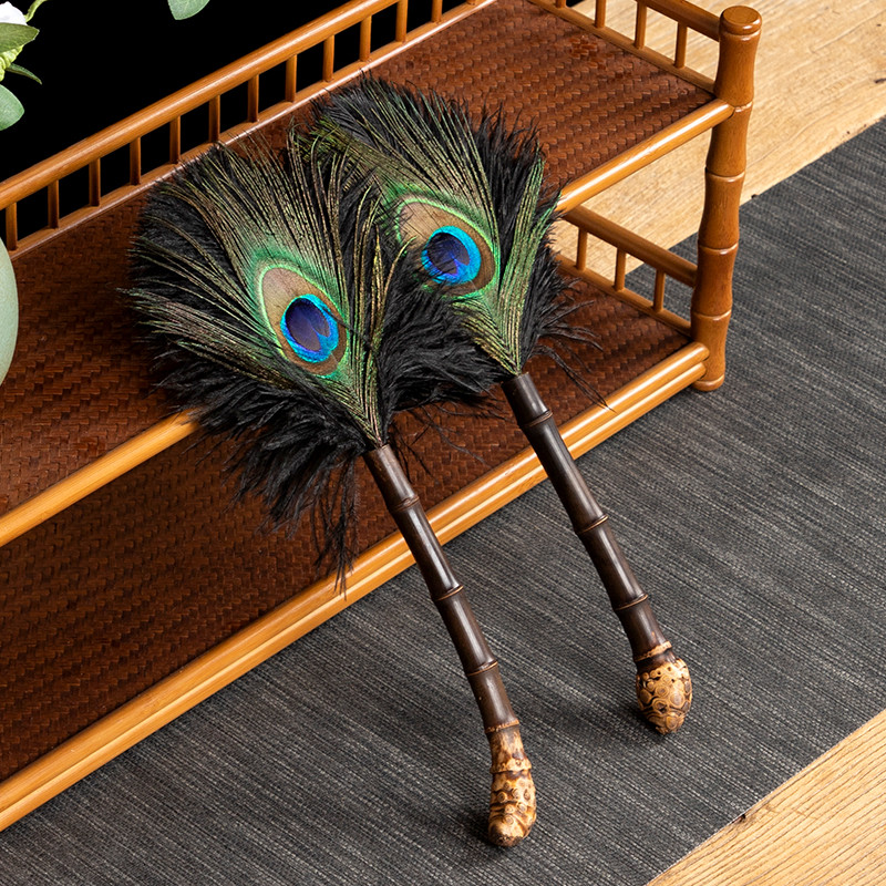 热销jud5孔雀扫灰鸵鸟羽毛静电除尘掸紫竹根鸡毛掸子茶室桌面翎清