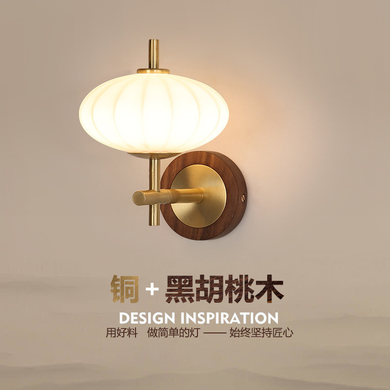 新中式壁灯卧室床头灯简约现代中国风胡桃木复古客厅电视背景墙灯
