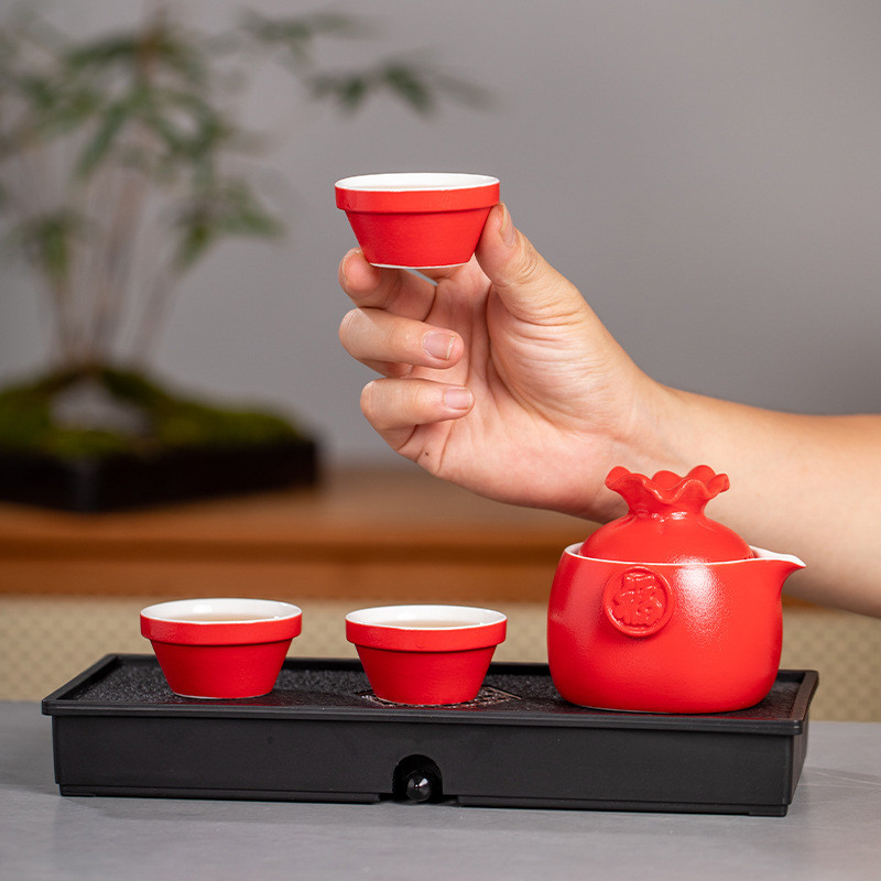 福袋陶瓷快客杯一壶三杯旅行茶具套装中国红便携式收纳茶具泡茶壶