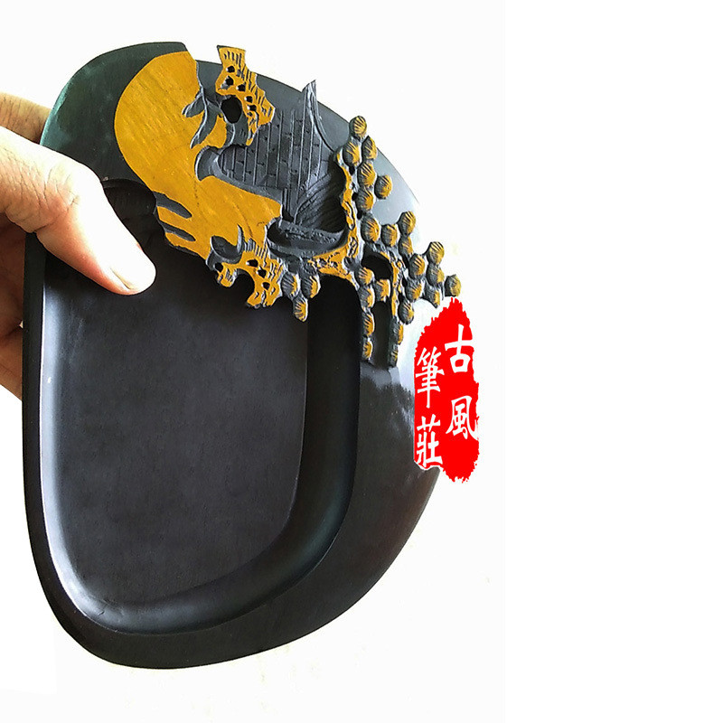 6寸名砚砚台初学者书法用品锦布砚台盒歙砚黄山迎客松浮雕