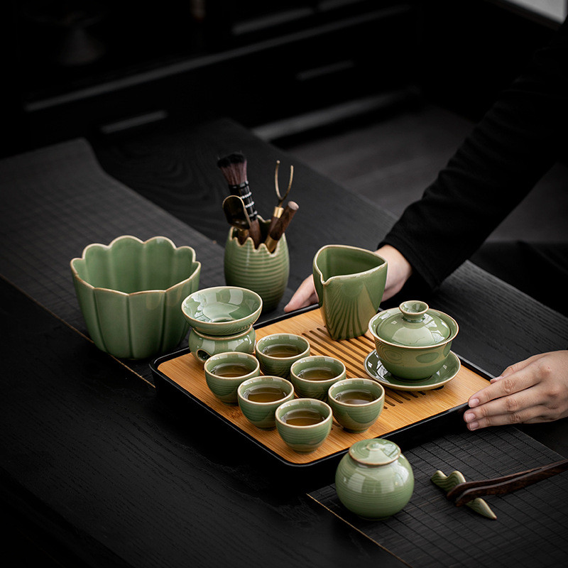 家用茶盘茶具套装青瓷盖碗茶壶茶杯茶盘简约客厅办公室会客泡茶器