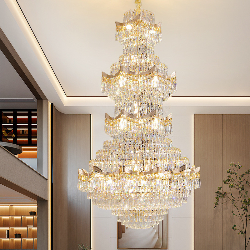 热销复式楼大吊灯新款别墅空大厅欧式水晶灯中空挑客厅lofe楼梯长