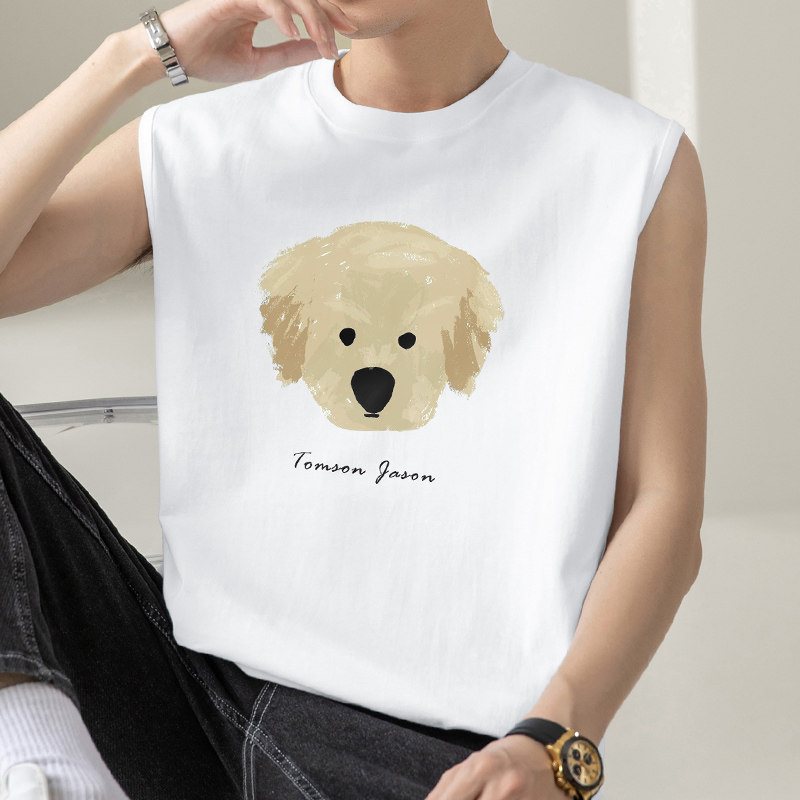 2026新款纯棉背心男士健身运动坎肩潮流小狗印花无袖t恤白色汗衫