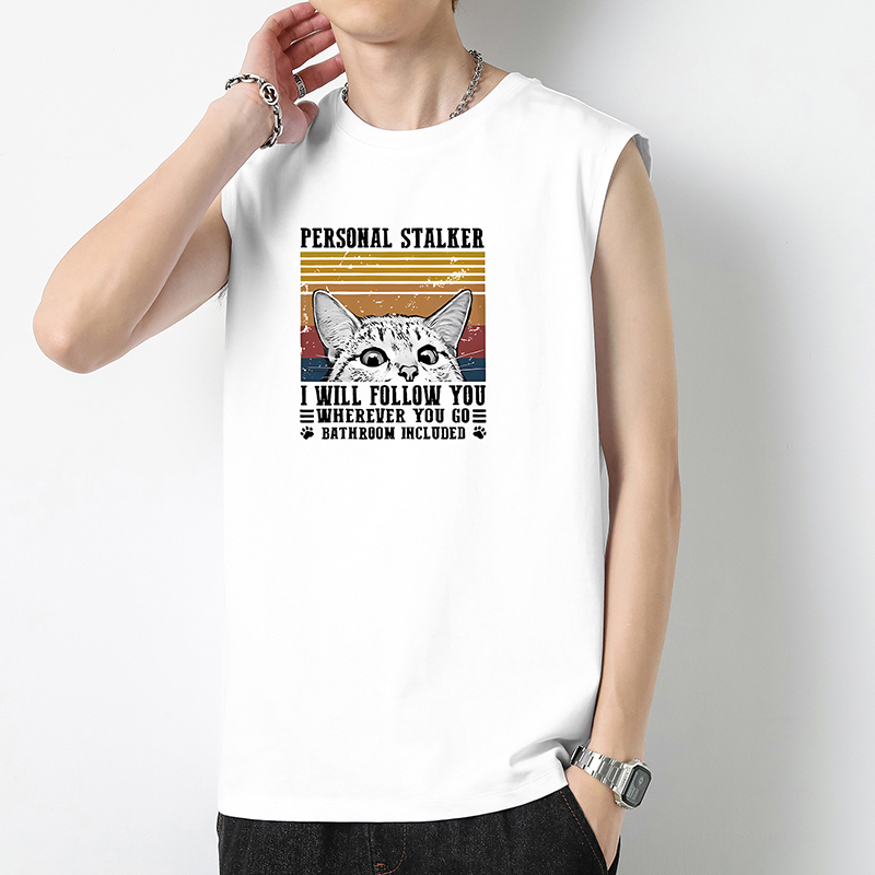 白色背心男士纯棉无袖t恤夏季健身篮球运动坎肩宽肩卡通印花汗衫