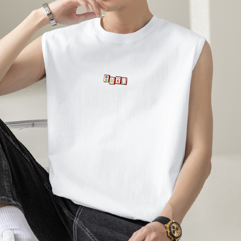 纯棉背心男士夏季薄款健身运动坎肩篮球白色无袖t恤麻将印花汗衫
