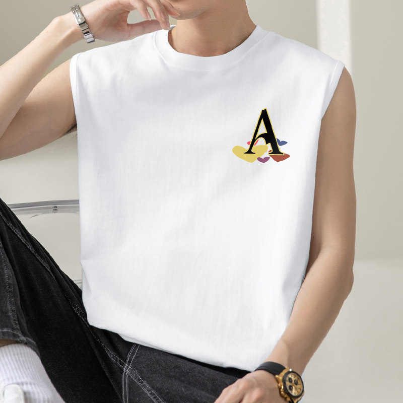 纯棉背心男士夏季健身运动坎肩宽肩全棉白色无袖t恤字母印花汗衫