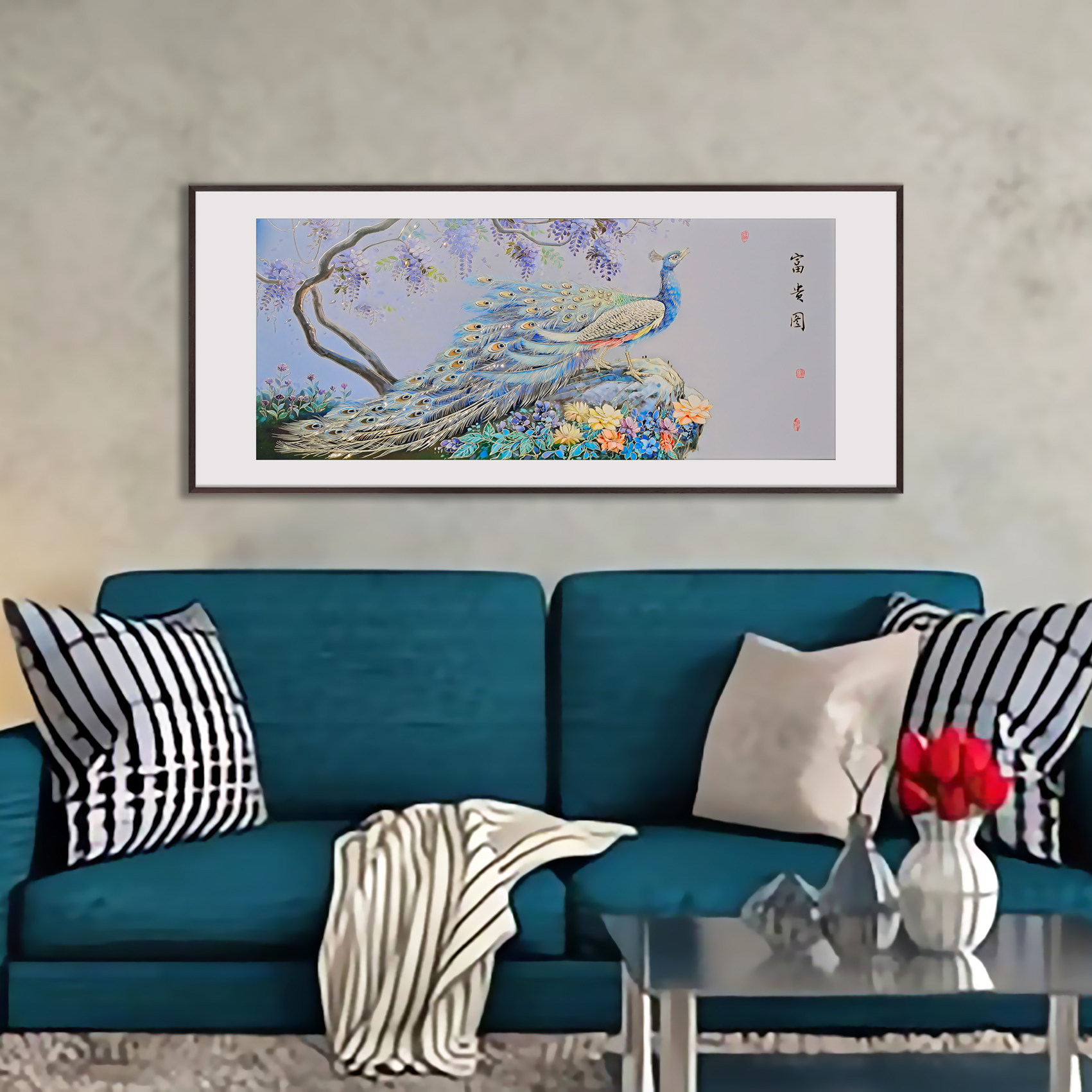 (富贵图)孔雀铜雕画师傅手工錾刻装饰画高端大气挂画沙发背景画