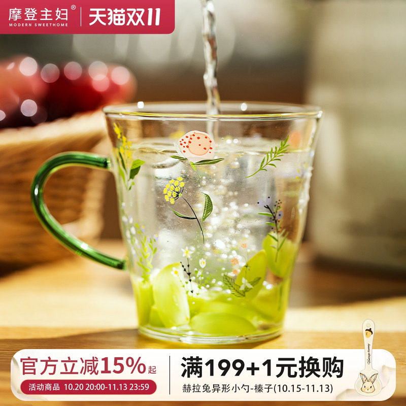 摩登主妇小枝荨高硼硅玻璃杯耐高温女生高颜值水杯家用带把手杯子