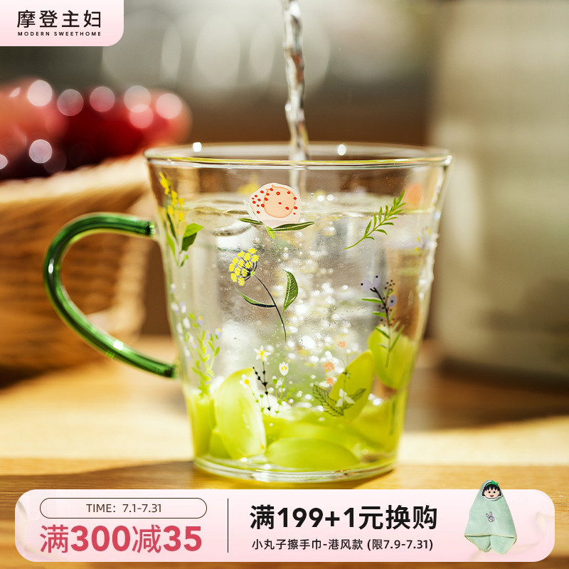 摩登主妇小枝荨高硼硅玻璃杯耐高温女生高颜值水杯家用带把手杯子