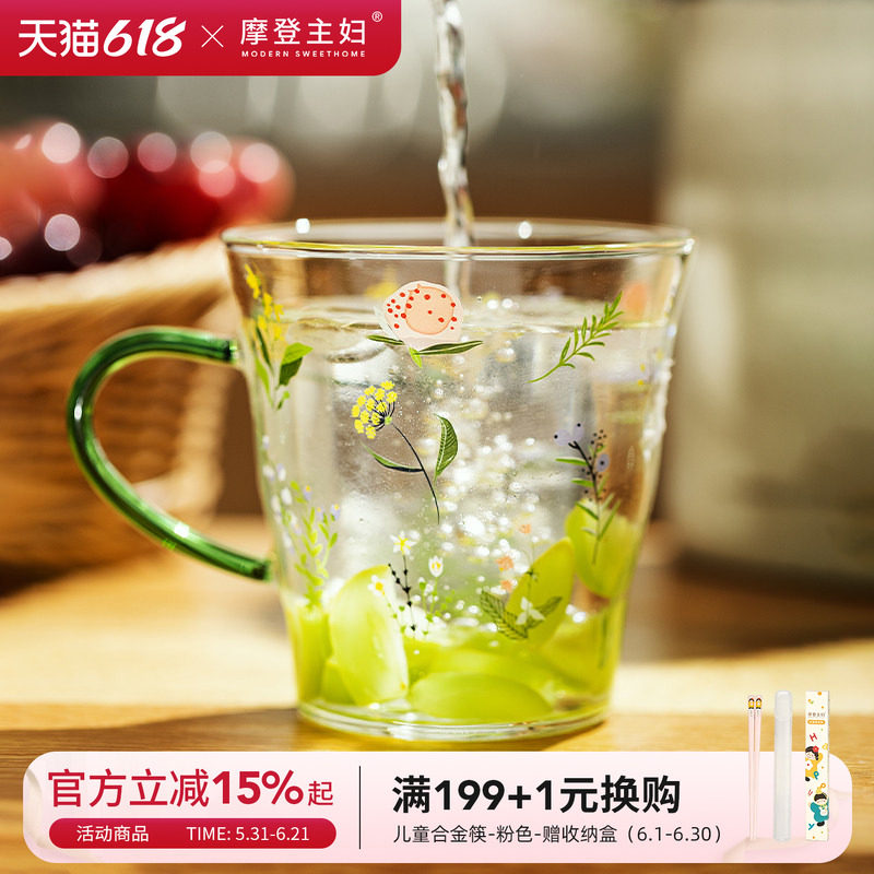 摩登主妇小枝荨高硼硅玻璃杯耐高温女生高颜值水杯家用带把手杯子