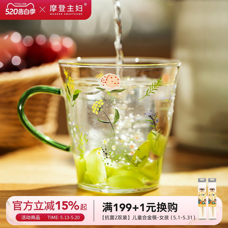 摩登主妇小枝荨高硼硅玻璃杯耐高温女生高颜值水杯家用带把手杯子