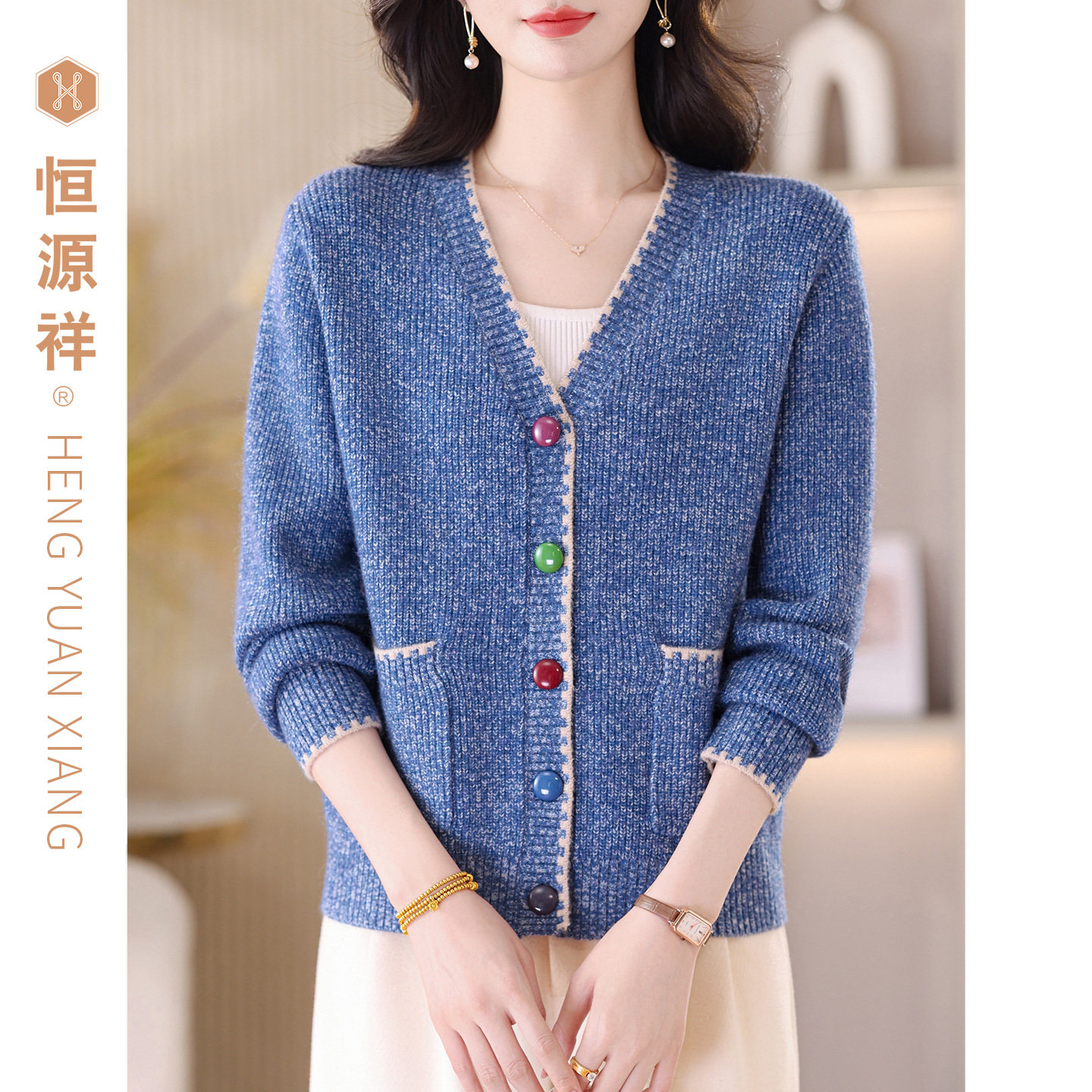 恒源祥女V领长袖花蓝复古针织开