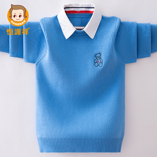 恒源祥中大童针织衫假两件衬衫领加绒加厚男童纯棉儿童打底衫毛衣