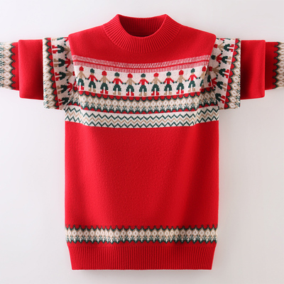 恒源祥中大童印花羊毛衫秋冬拼色男童打底针织衫儿童加厚保暖毛衣