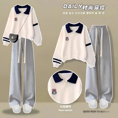 女童超好看白色POLO卫衣套装2025春秋新款中大童阔腿裤加绒两件套