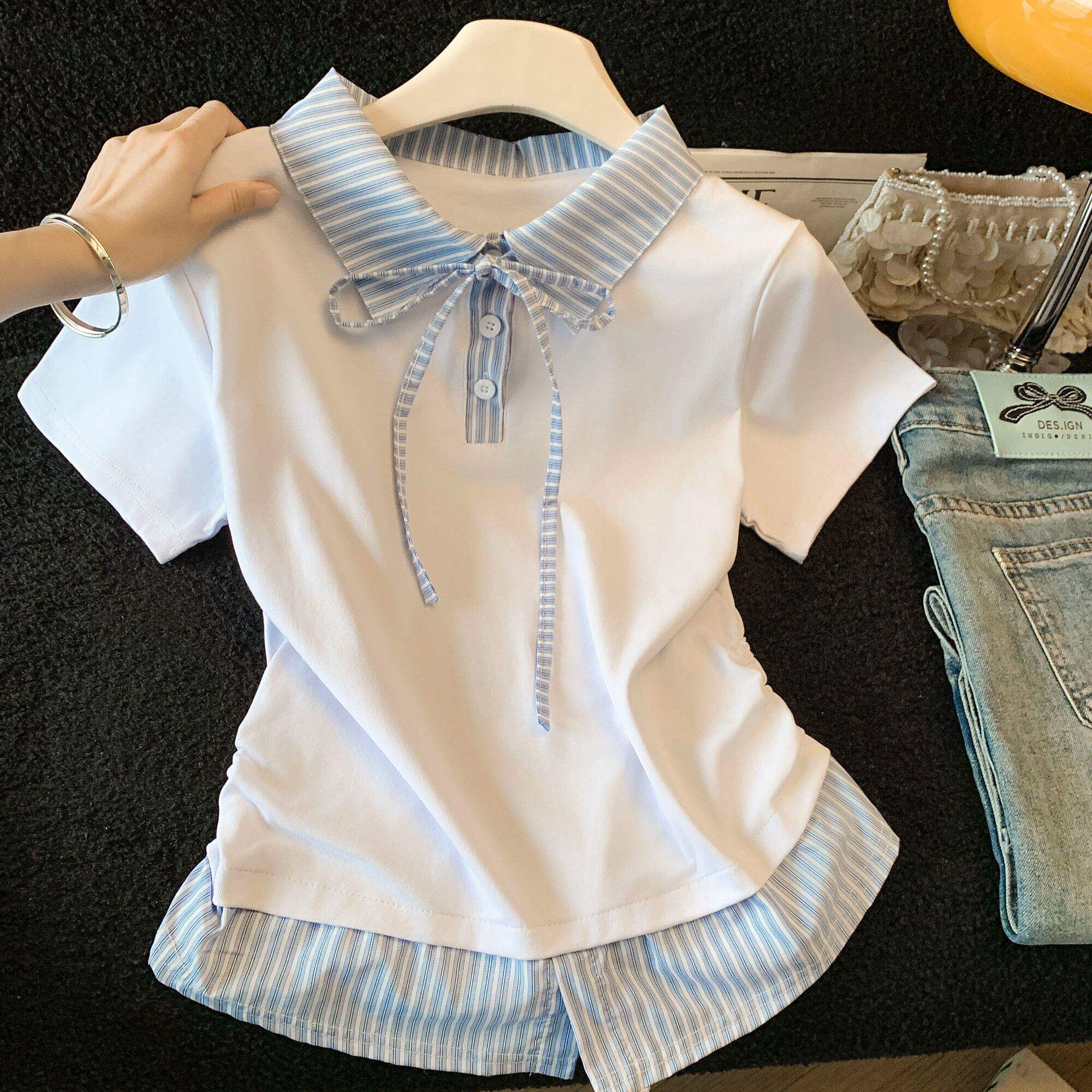 女童纯棉短袖条纹t恤2026新款中大童洋气时髦流行爆款系带polo衫