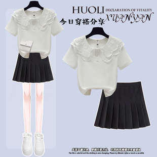 2025新款今年流行爆款女童夏日套装中大童蕾丝娃娃领短袖百褶裙子