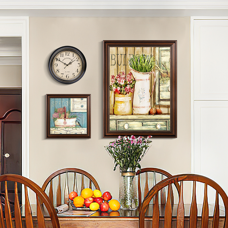 客厅复古挂画带钟表餐厅装饰画美式背景墙壁画时钟餐桌欧式油画图片
