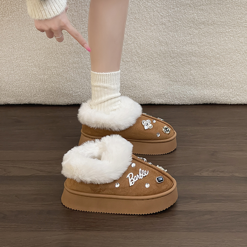 日本offcat精致好看毛毛鞋女2025冬季新款一脚蹬水钻包头松糕厚底