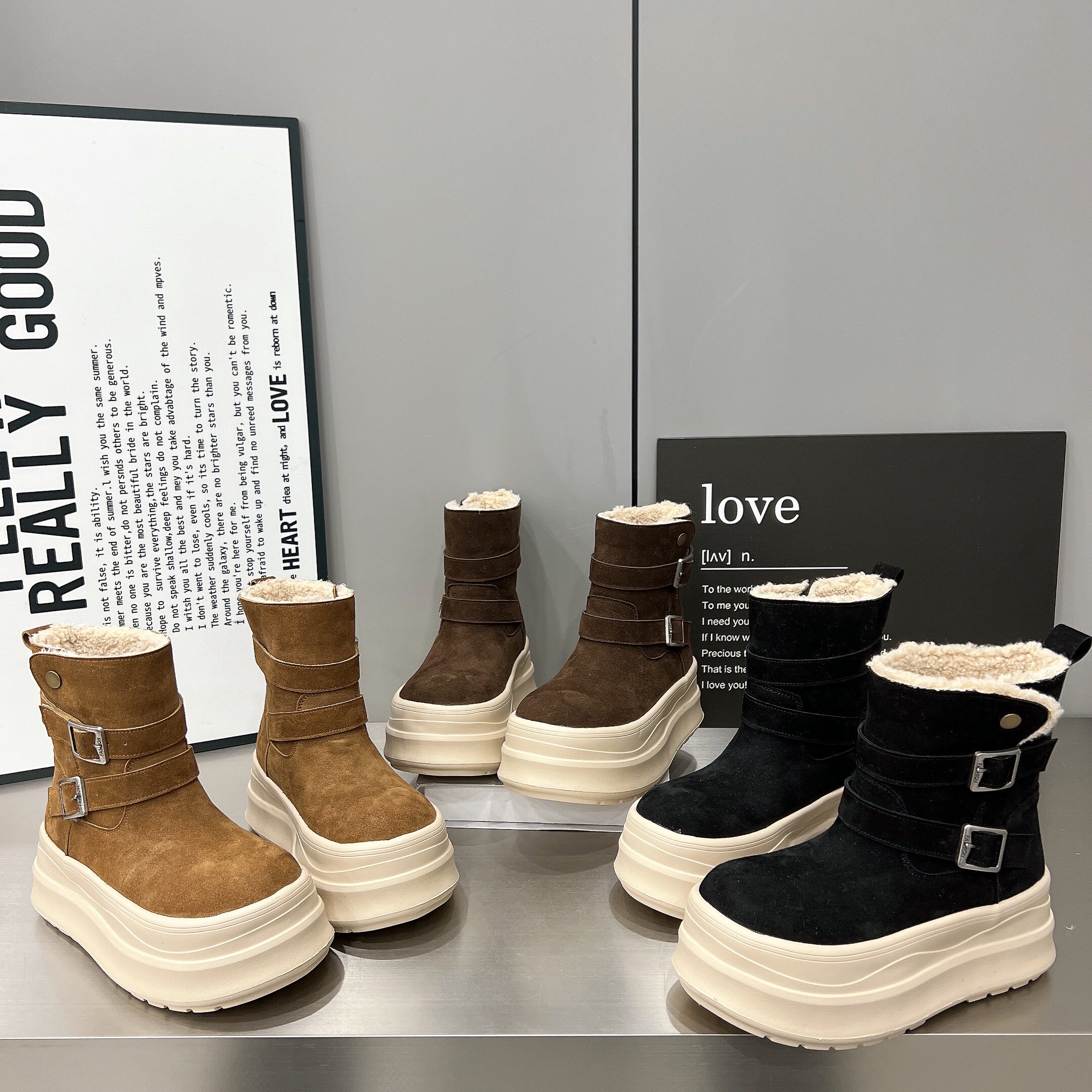 日本offcat厚底雪地靴女2025冬季新款磨砂皮圆头套筒加绒保暖棉鞋