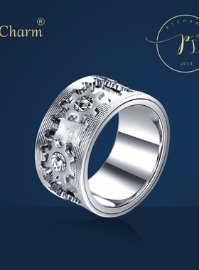 Pt．Charm男士个性白金戒指 pt950铂金戒指 指环 齿轮可转动戒指