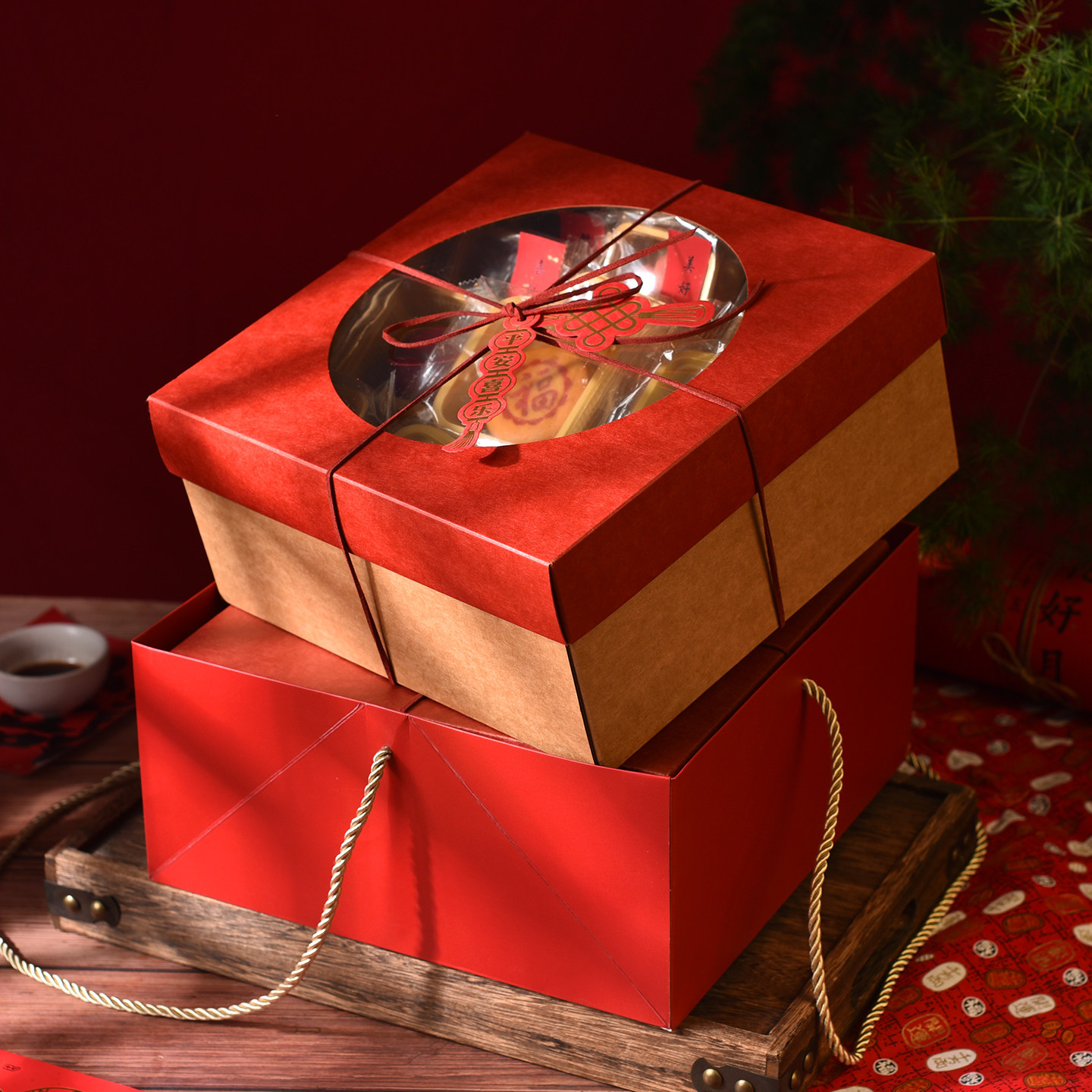 中式新年包装盒花酥花饽糕点蛋黄酥月饼年货腊肠手提伴手礼品盒子