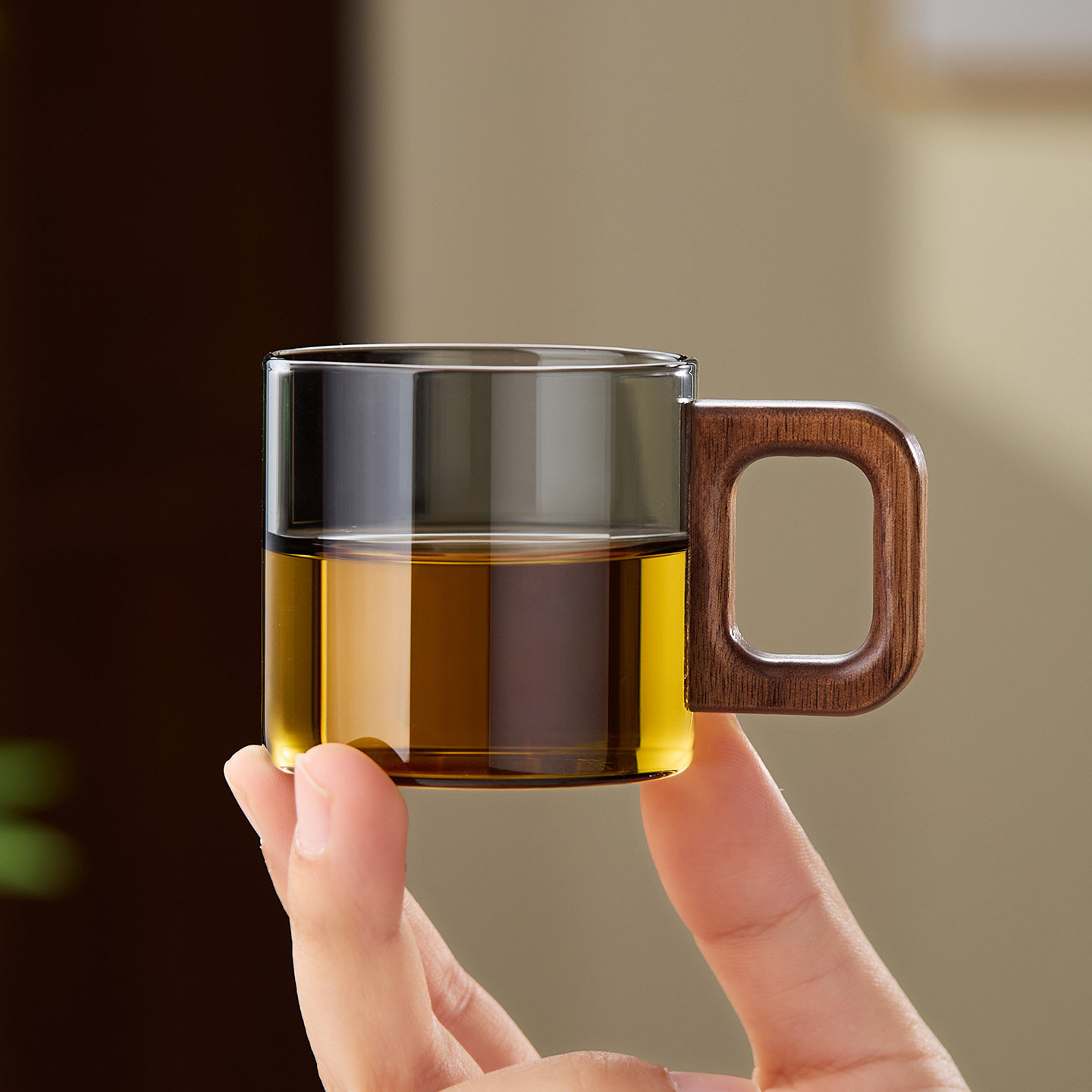 玻璃耐高温小杯子品茗杯实木带把手泡茶杯家用待客套装防烫主人杯