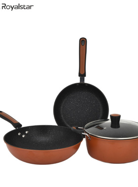 荣事.达食用级高精度熟铁炒锅汤锅煎锅橙色三件套RG-3220SN(D)