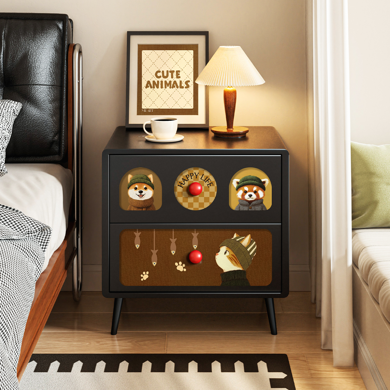 黑色床头柜卧室床头置物架创意复古抽屉收纳柜高级感小众床边柜子